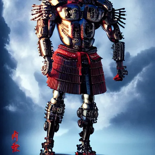 Image similar to very big very buff very strong very huge samurai wearing a futuristic cybernetic scifi oni mask, movie still