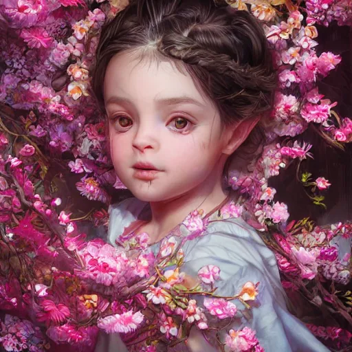 Prompt: the portrait of an absurdly cute, graceful, elegant, young arab baby girl made of cherry flowers and petals, an ultrafine hyperdetailed illustration by kim jung gi, irakli nadar, intricate linework, bright colors, octopath traveler, unreal engine 5 highly rendered, global illumination, radiant light, detailed and intricate environment