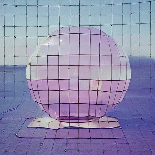 Image similar to a pastel colour high fidelity wide angle Polaroid art photo from a holiday album at a seaside with abstract inflatable parachute furniture, spheres. A sculpture named ‘self care” is the focal point, all objects made of transparent iridescent Perspex and metallic silver fabric, a grid of sun beds iridescence, nostalgic