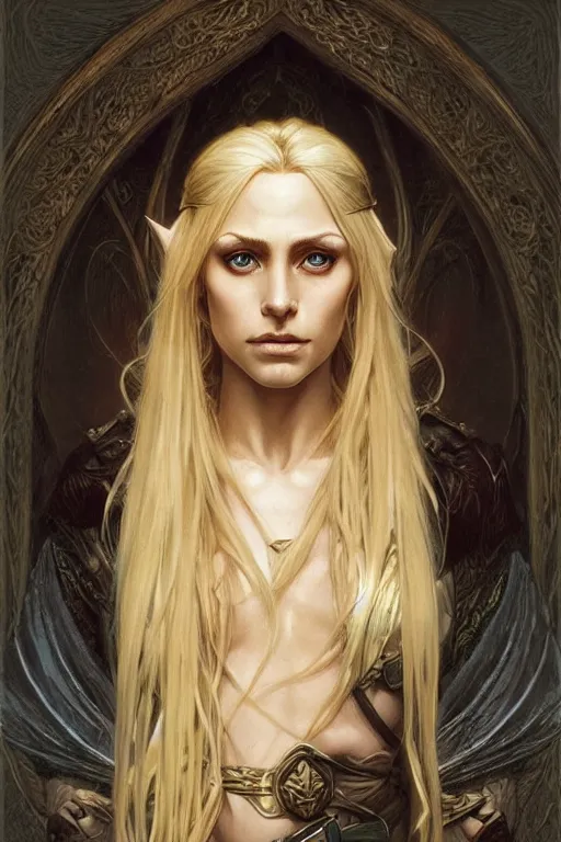 Image similar to portrait of a wise blonde elven mage, dark, piercing eyes, gentle expression, elegant clothing, photorealistic, highly detailed, artstation, smooth, sharp focus, art by michael whelan, artgerm, greg rutkowski and alphonse mucha