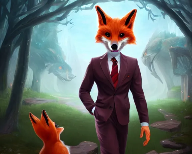 Image similar to award - winning extremely detailed fantasy art of a cute male anthropomorphic vulpes vulpes fulva teacher wearing suit working at a primary school, 4 k cinematic still photography, dramatic lighting