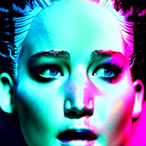 Image similar to jennifer lawrence as the bride of frankenstein, macro photography, glowing retinas, vaporwave, fuscia cyan yellow white powder on face, national geographic