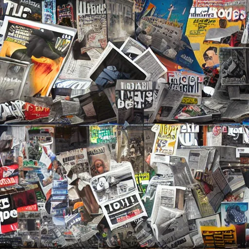 Image similar to a professional photographic collage and a young angry man ripping the magazines and newpapers, high definition, highly detailed, photo-realistic, unreal engine render, 16k
