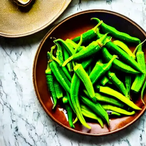 Prompt: a dish of okra veg with green stalky oprah winfrey's face