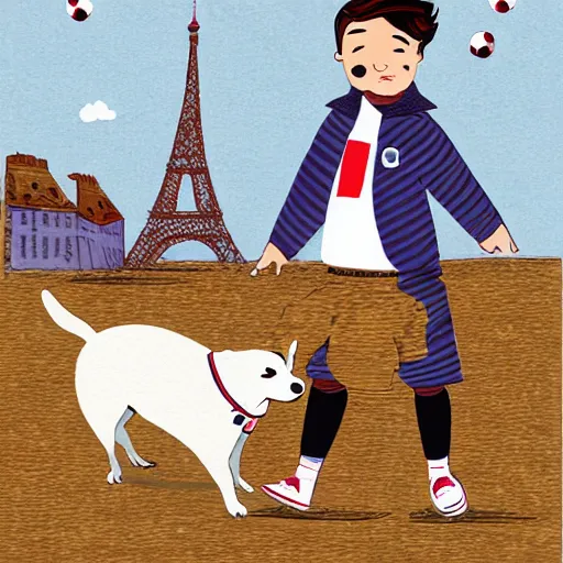 Image similar to illustration of french boy in paris playing football against a corgi, the corgi is wearing a polka dot scarf