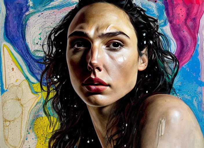 Prompt: portrait of gal gadot, by vincent lefevre and hernan bas and pat steir and hilma af klint, psychological, photorealistic, dripping paint, washy brush, rendered in octane, altermodern, masterpiece