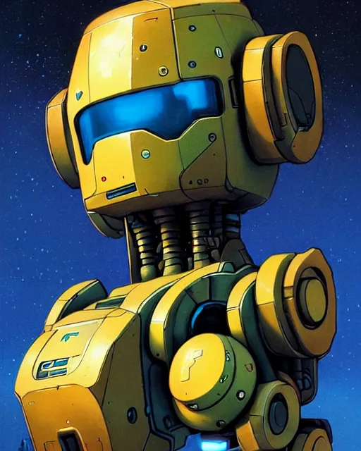 Image similar to bastion the friendly robot from overwatch, character portrait, portrait, close up, concept art, intricate details, highly detailed, vintage sci - fi poster, retro future, in the style of chris foss, rodger dean, moebius, michael whelan, and gustave dore