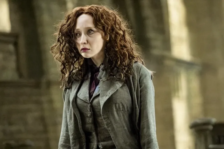 Prompt: film still Elizabeth Olson as Bellatrix Lestrange in Harry Potter movie