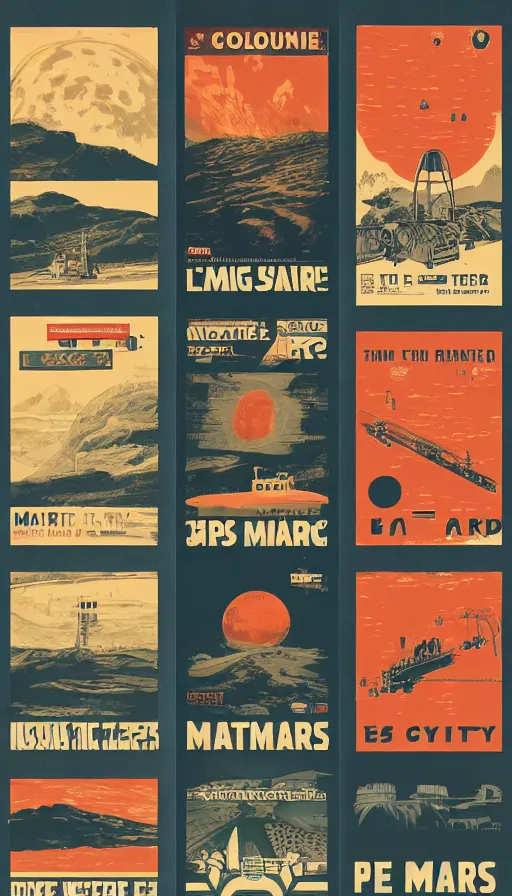 Image similar to posters for living on mars in the style of old vintage national railway posters, colonize mars posters styled like old english railway posters