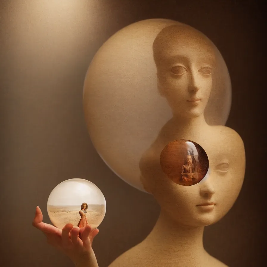 Prompt: photograph portrait of a beautiful female jointed wooden art doll as seen through a glass ball glass sphere photography prop, canon 5 d, professional photography, dslr, by agostino arrivabene, by fernand khnopff, by raphael, rendered in octane, photorealistic, ethereal, soft light, surreal, mysterious