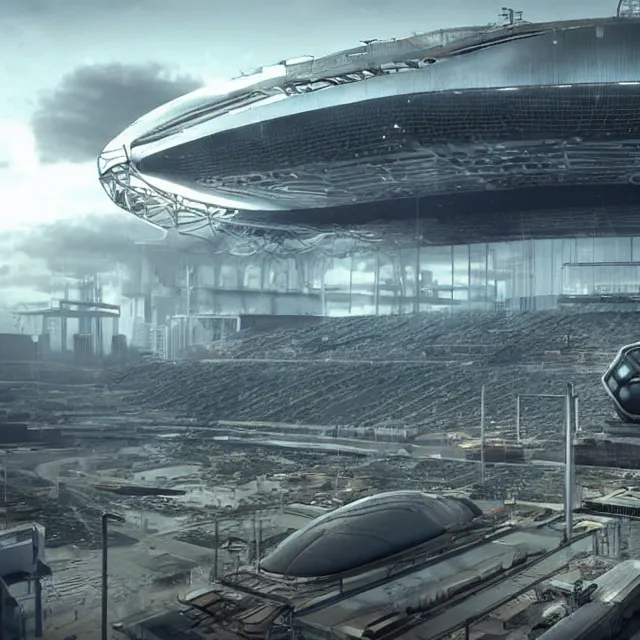 Image similar to a futuristic stadium with a giant metal gear on the field, the metal gear is tall, the stadium has a full crowd, unreal engine, hyper realism, realistic shading, cinematic composition, realistic render, octane render, detailed textures, photorealistic, wide shot