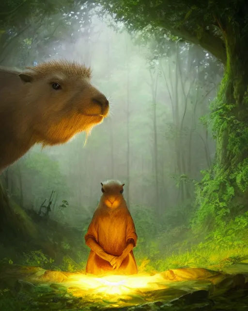 Prompt: oil painting of Anthropomorphized Capybara Druid casting green magic spell, wearing leaf cloak, glowing eyes, casting spell, sharp focus, fantasy style, octane render, volumetric lighting, 8k high definition, by greg rutkowski, highly detailed, trending on art Station, magic the gathering artwork, magical forest backround, centered