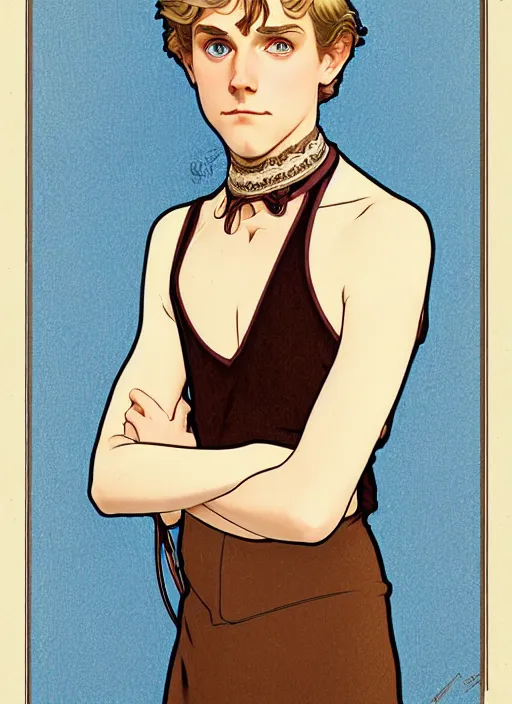 Image similar to art nouveau portrait of a pretty young man with short light brown straw blond hair, light blue eyes, sad expression, scared, head down, shy and demure, wearing a choker collar, natural lighting, path traced, highly detailed, high quality, cartoon, digital painting, by don bluth and ross tran and studio ghibli and alphonse mucha