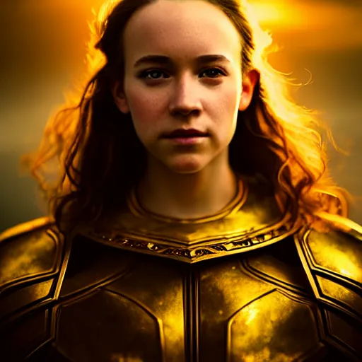 Image similar to attractive, aesthetically pleasing young woman portrait, partially clothed in metal-plated battle armor, atmospheric lighting, painted, intricate, volumetric lighting, beautiful, golden hour, sharp focus, ultra detailed, by Leesha Hannigan, Ross Tran, Thierry Doizon, Kai Carpenter,Ignacio Fernández Ríos