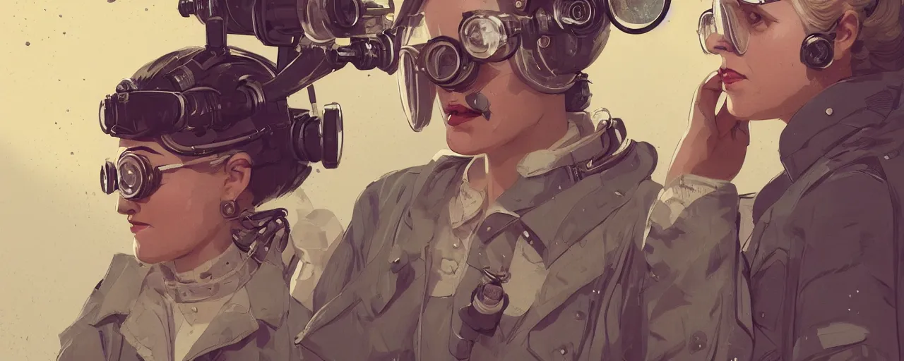 Image similar to vintage illustration 3 / 4 portrait of stoic heroic emotionless butch blonde woman engineer with short slicked - back hair, wearing victorian goggles, no makeup, awkward and uncomfortable and anxious, dirty, dynamic composition by sachin teng and sergey kolesov and ron cobb. industrial space program, scifi, hyper detailed. octane render. concept art. trending on artstation