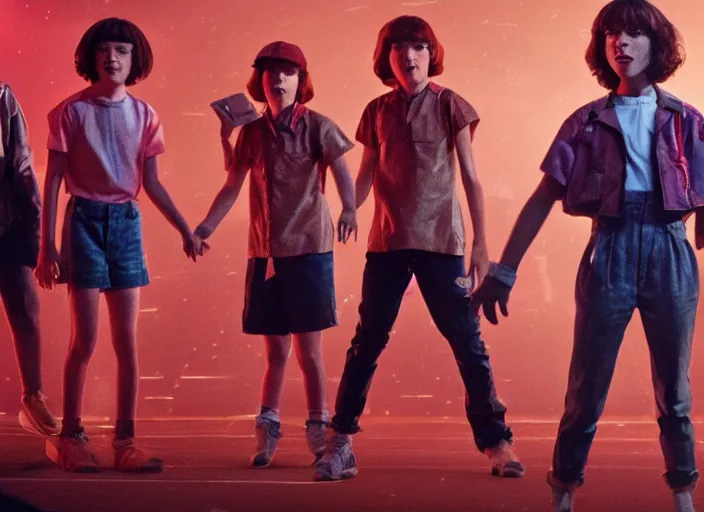 Prompt: the cast of stranger things having a dance battle with the demogorgon, extremely detailed, high quality, 4 k, award - winning,