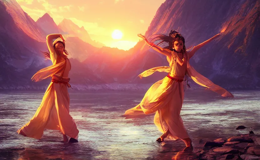 Prompt: Himalayan priestess dancing on water, beautiful flowing fabric, sunset, dramatic angle, 8k hdr pixiv dslr photo by Makoto Shinkai ilya kuvshinov and Wojtek Fus