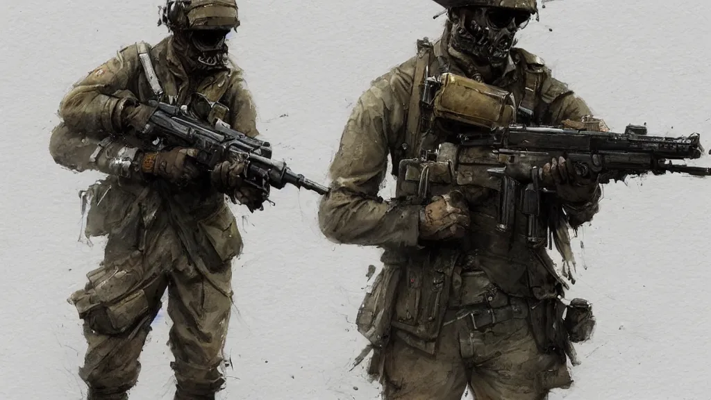 Image similar to close up of a soldier manning a machine gun, watercolored, jakub rozalski, dark colours, dieselpunk, artstation