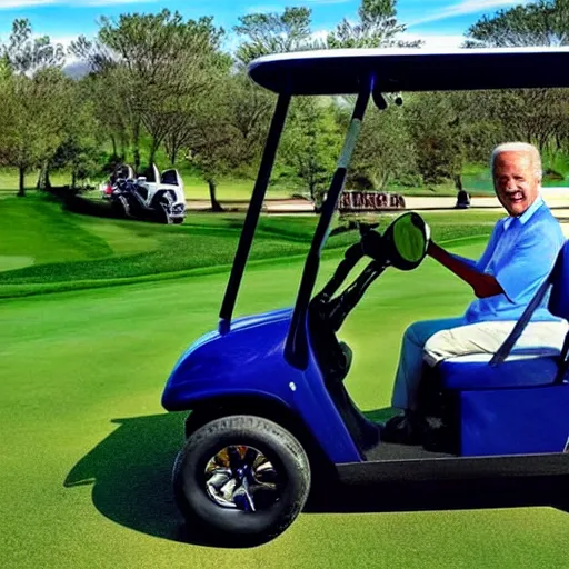 Prompt: joe biden driving a golf cart on the golf course green, photorealistic