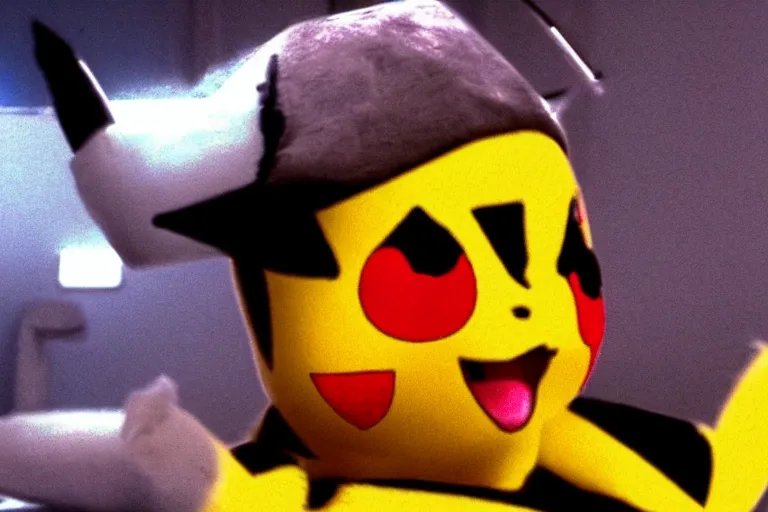 Prompt: Jack Nicholson plays Pikachu Terminator, his endoskeleton gets exposed and his eye glows red