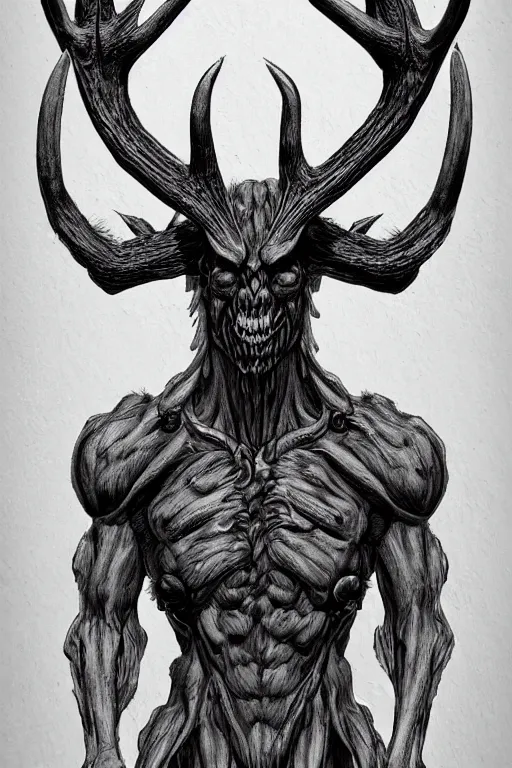 Image similar to humanoid figure monster with antlers, highly detailed, digital art, sharp focus, trending on art station, kentaro miura manga art style