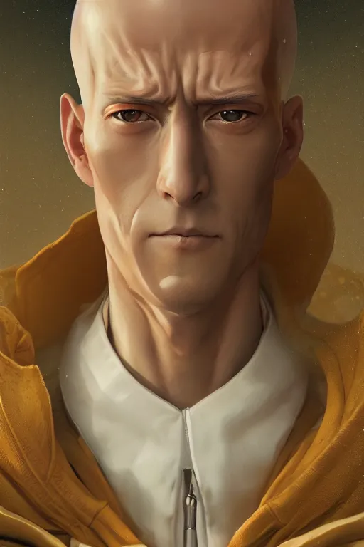 Image similar to a portrait of handsome saitama illustrated by miyazaki by karol bak, james jean, tom bagshaw, rococo, sharp focus, trending on artstation, cinematic lighting, hyper realism, octane render, 8 k, hyper detailed, vivid, ultra detailed, highly detailed