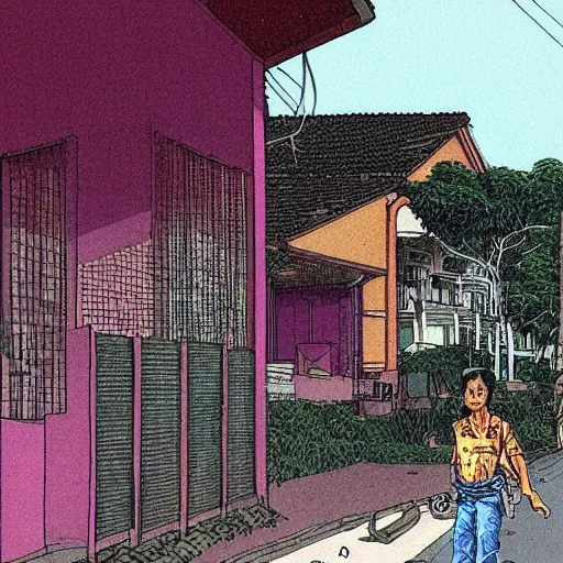 Prompt: snapshot of a person in a singaporean neighbourhood, by moebius