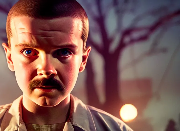 Image similar to film still of jim hopper as eleven in stranger things, 8 k