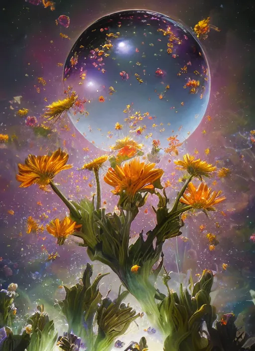 Image similar to An epic fantastic realism comic book style painting of the most beautiful flowers launched into space, perfect shiny silver iridescent spheres, bouquets, fisheye lens, unreal 5, DAZ, hyperrealistic, octane render, dynamic lighting