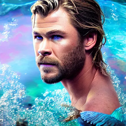 Image similar to chris hemsworth portrait, fantasy, mermaid, hyperrealistic, game character, underwater, highly detailed, cinematic lighting, pearls, glowing hair, shells, gills, crown, water, highlights, starfish, jewelry, realistic, digital art, pastel, magic, fiction, ocean, king, colorful hair, sparkly eyes, fish, heroic, god, waves, bubbles ”