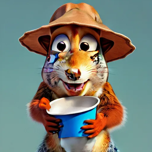 Image similar to a squirrel wearing a bucket hat. pixar.