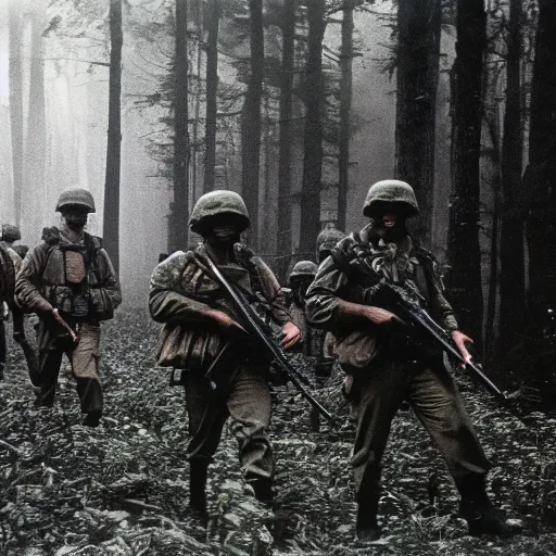 Image similar to wide shot, a squad of American Soldiers patrolling deep in the thick, forest, painting, colored, eerie, ominous, Lovecraftian, eldritch horror, 1969