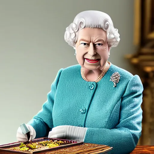 Image similar to queen elizabeth minecraft figurine on a table, professional photo