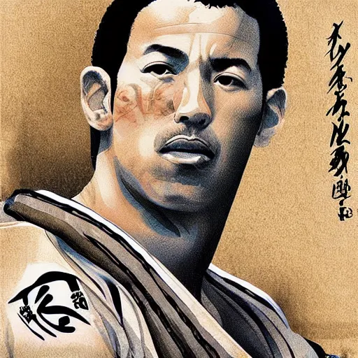 Image similar to royler gracie, digital art, utamaro kitagawa style