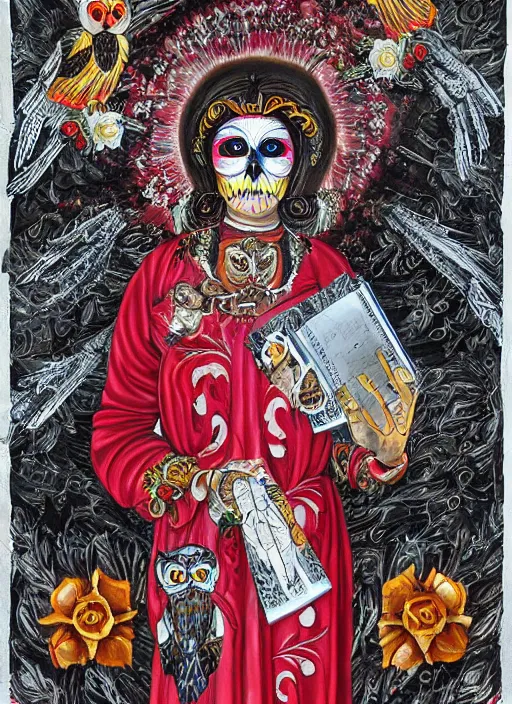 Prompt: masterpiece of Santa muerte with a book in her hand, her owl on her shoulder, and all around there are red and white flowers, guns and ammunitions offered by devotees + no crop, digital visionary art, extremely high detail, post processed,