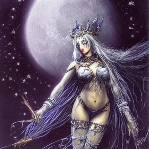 Prompt: Female Jester deity, salute to the moon, painting by Luis Royo