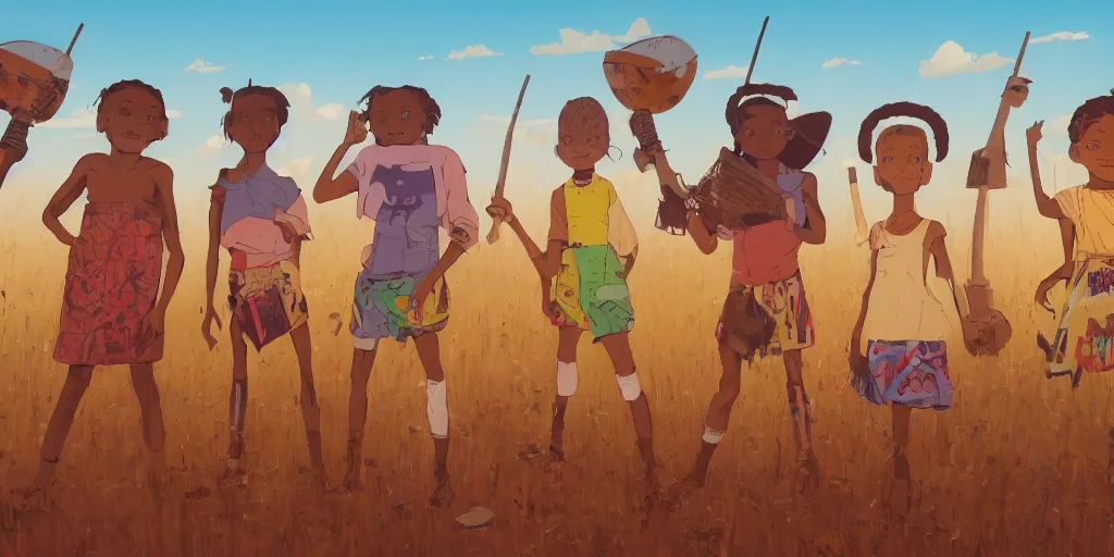 Prompt: a film still from Triplets of Belleville, 4 kids wearing African tribal masks with graffiti war paint stand together ready for battle in an open field in the middle of an African favela , medium shot, waist up, studio Ghibli, Pixar, Disney and animation anime key art by anime key art by Ian McQue, ilya kuvshinov and Greg Rutkowski, Bloom, dramatic lighting global illumination, muted red and grey