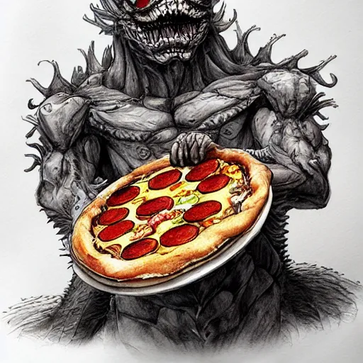 Image similar to a cute monster made of pizza, watercolor, pen and ink, intricate line drawings, by Yoshitaka Amano, Ruan Jia, Kentaro Miura, Artgerm, detailed, trending on artstation, hd, masterpiece,