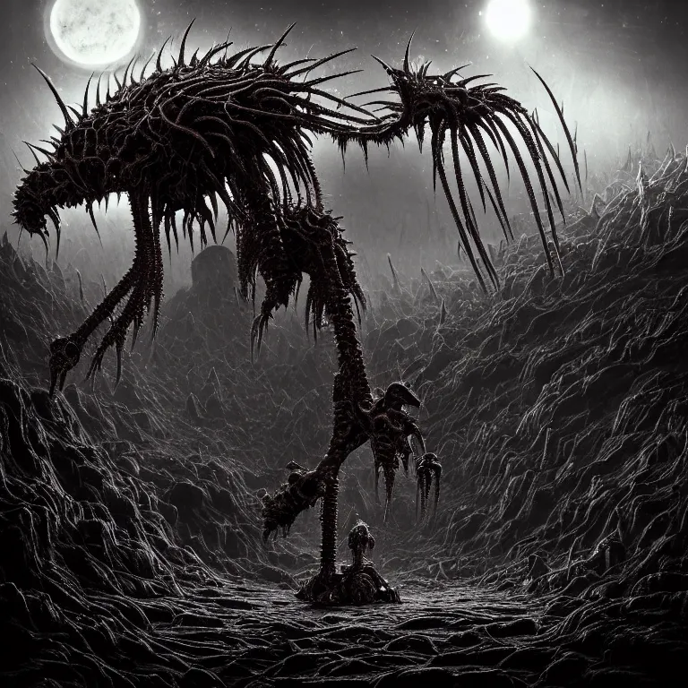 Prompt: ribbed symmetrical surreal spiky spinal abandoned alien on exoplanet, covered with spikes, in a desolate empty wasteland, creepy, nightmare, dream-like heavy atmosphere, surreal abandoned buildings, beautiful detailed intricate insanely detailed octane render trending on Artstation, 8K artistic photography, photorealistic, chiaroscuro, Raphael, Caravaggio, Beksinski, Giger