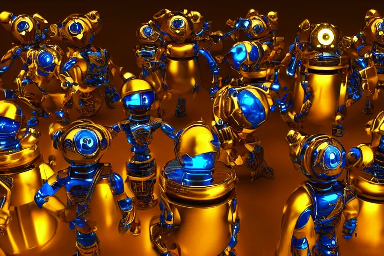 Prompt: 7 golden and blue metal humanoid steampunk robots dancing on a theaterstage, robots are wearing and gears and tubes, eyes are glowing red lightbulbs, shiny crisp finish, 3 d render, 8 k, insaneley detailed, fluorescent colors, nightlight