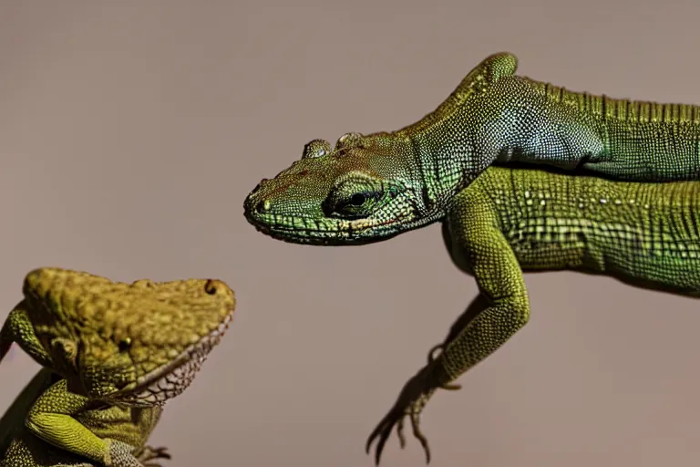 Image similar to photo of two lizards having an intense argument, comedy, depth of field