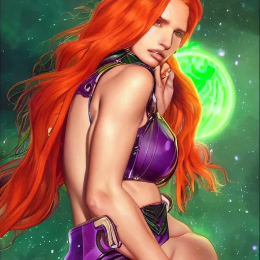 Image similar to ultra realistic illustration, bella thorne as starfire anime with glowing green eyes, intricate, elegant, highly detailed, digital painting, artstation, concept art, smooth, sharp focus, illustration, art by artgerm and greg rutkowski and alphonse mucha