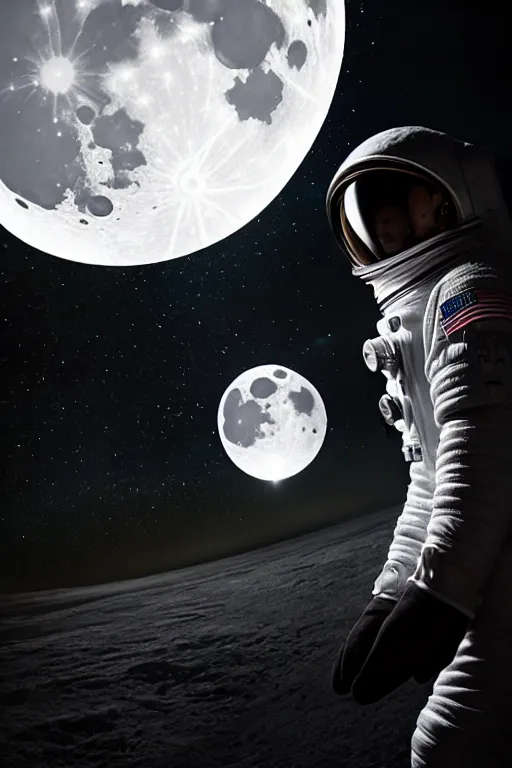 Image similar to extremely detailed portrait of space astronaut, wearing gloves, iphone in hand, reflection of the moon in visor, alien looking over shoulder from behind, extreme close shot, dramatic backlight, award winning photo by jimmy nelson