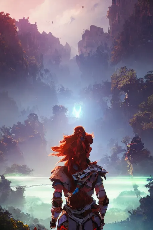 Image similar to combination suit armor aloy horizon forbidden west horizon zero dawn radiating a glowing aura global illumination ray tracing hdr fanart arstation by ian pesty and alena aenami artworks in 4 k tribal robot ninja mask helmet backpack