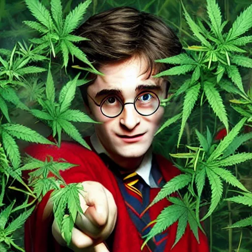 Image similar to harry potter surrounded by green dense weed kush plants, smoke in front, smoke behind, smoke background, red eyes, smoking weed