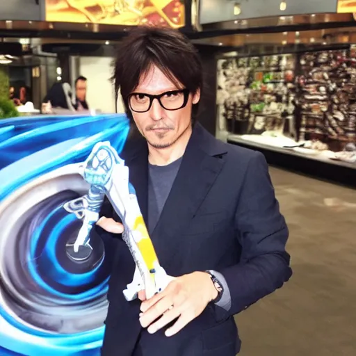 Image similar to Hideo Kojima holding a beyblade in his hand