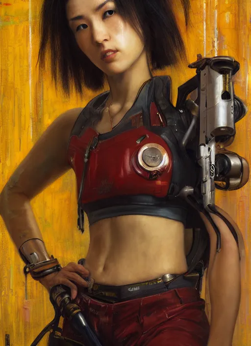 Image similar to Nikki Tanaka. Beautiful Feminist Cyberpunk mechanic with robotic legs. (Cyberpunk 2077, bladerunner 2049). Iranian orientalist portrait by john william waterhouse and Edwin Longsden Long and Theodore Ralli and Nasreddine Dinet, oil on canvas. Cinematic, vivid colors, hyper realism, realistic proportions, dramatic lighting, high detail 4k