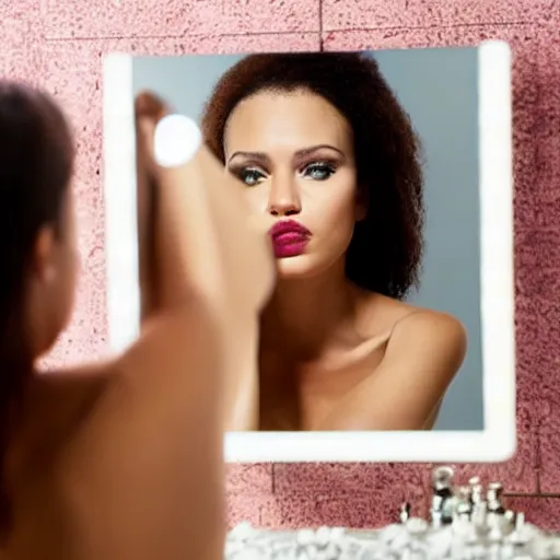 Prompt: a beautiful woman sitting at a vanity in front of a mirror, beautiful face, fashion photography, elegant furniture, cracked mirror