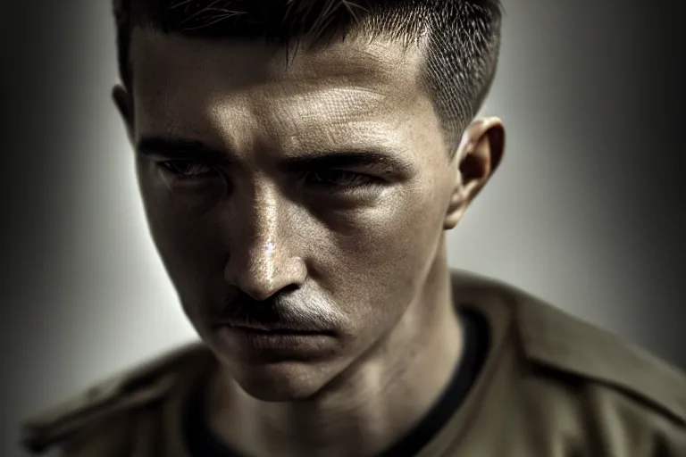 Prompt: an ultra realistic, cinematic headshot portrait of a male prison guard, sat in an office, fire, dramatic, soft light, dreamy, facial features, detailed, deep focus, movie still, dramatic lighting, ray tracing, by michal karcz and yoshitaka