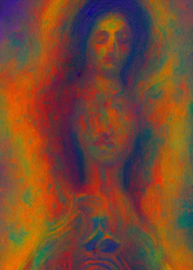 Prompt: serene deva of the golden blood mythos beloved deva (dreams) gnostic fog, award winning oil painting, chromatic aberration sharp colors